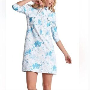 Persifor Winpenny Travel Safari Dress White and Blue Lily Print Size Large